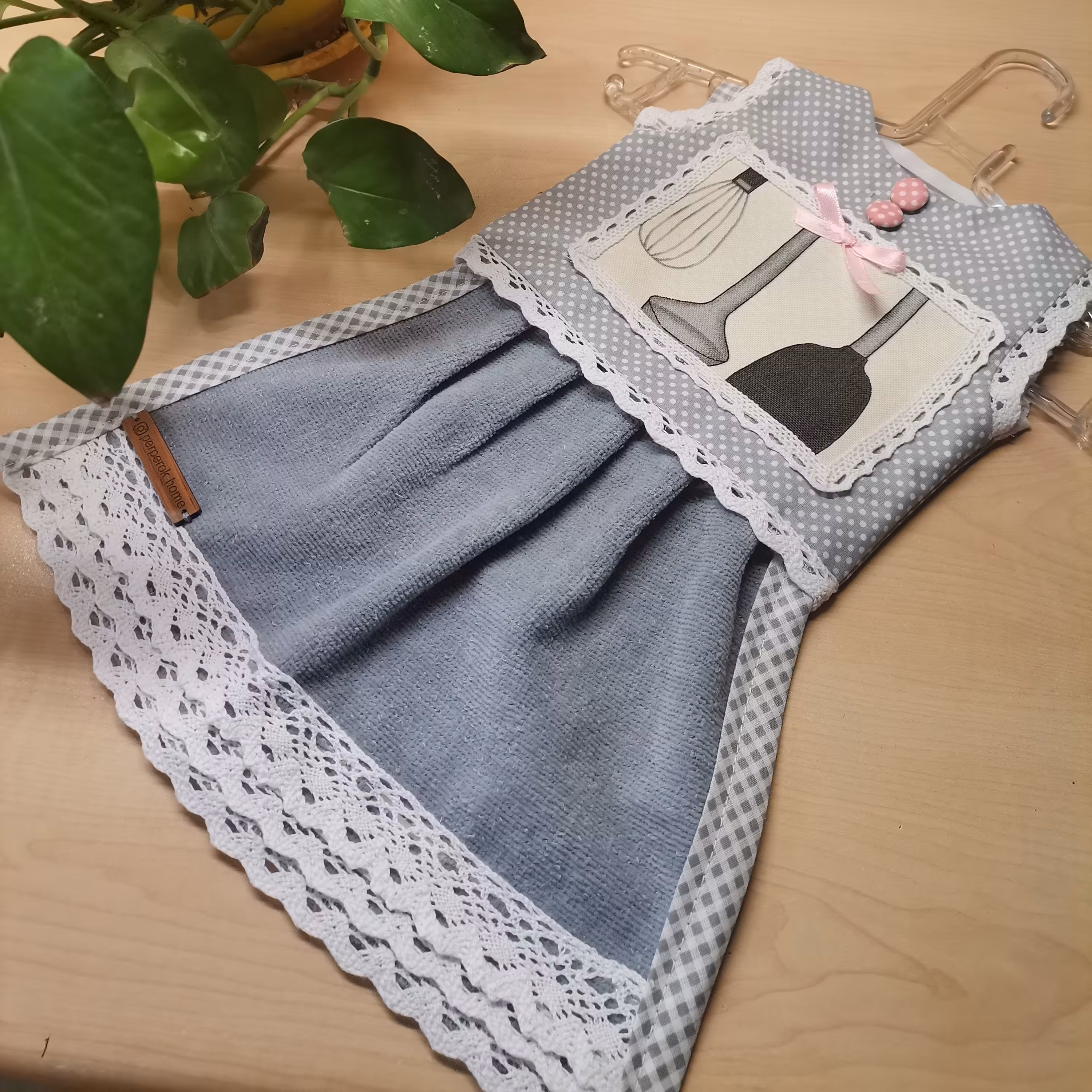 حوله پیراهنی آشپزخانه کتان نخ تکه دوزی با آویز دو تکه 