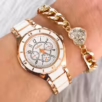 ست ساعت و دستبندزنانه طرح سرامیکی مارکRosra طرح سه موتوره