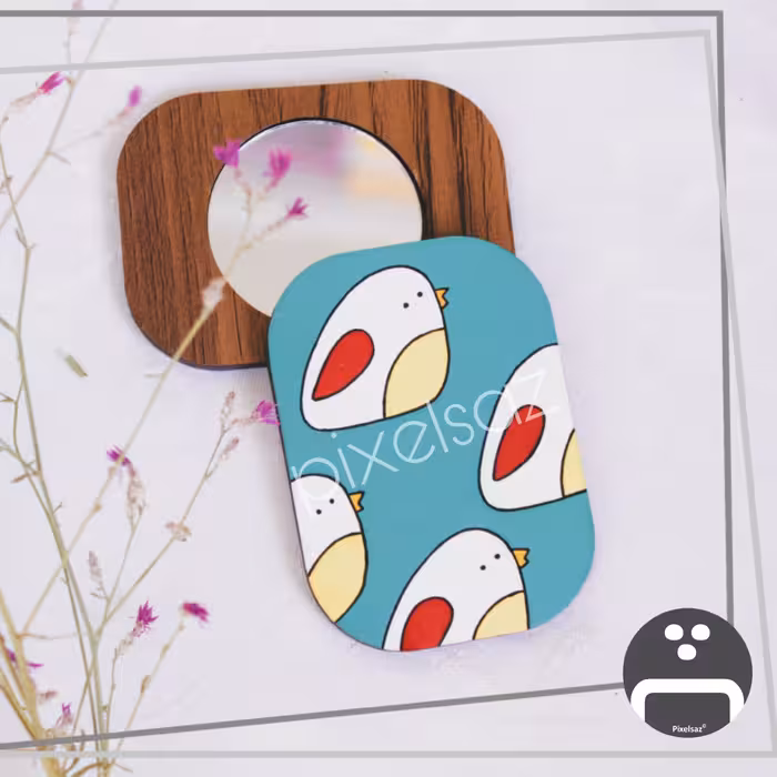 آینه جیبی طرح پرنده پیکسل ساز/جنس چوبی و نقاشی شده