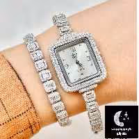  ست ساعت و دستبند  نقره  زنانه امرالدباعیار 925 و آبکاری طلا سفید موتور میوتای ژاپنی