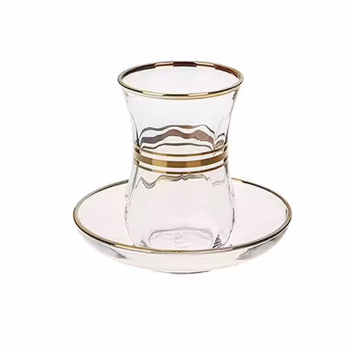 استکان نعلبکی کمر باریک لاو خط طلا 6عددی