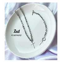 ست دستبند و گردنبند صلیب نقره ای استیل و رنگ ثابت 