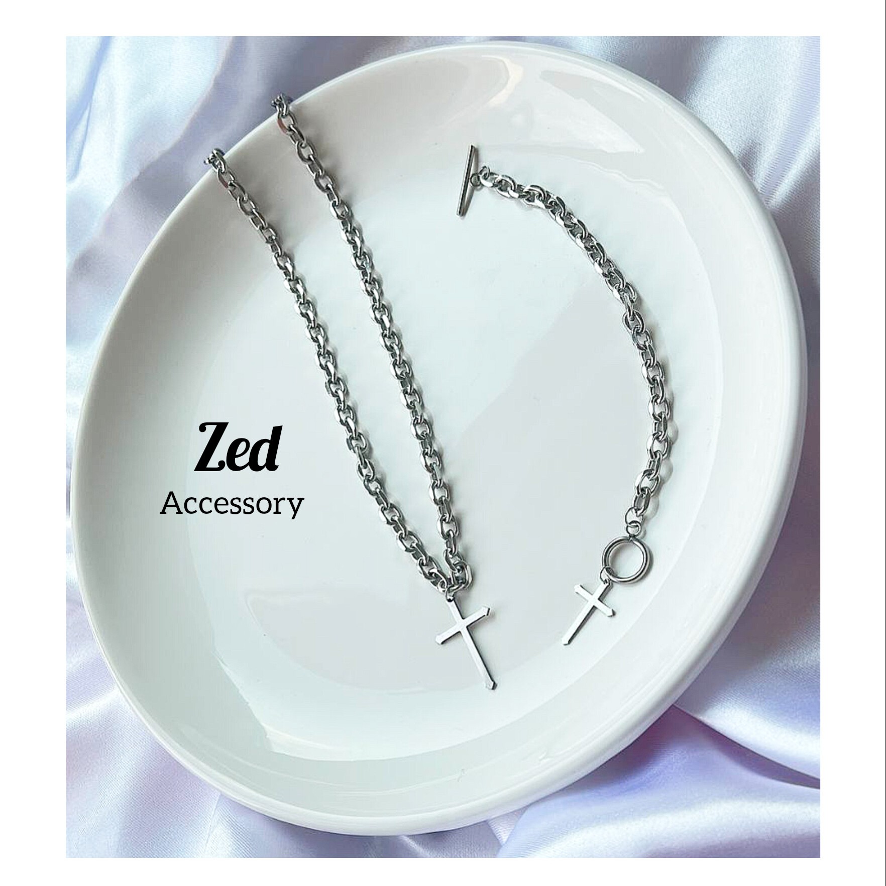 ست دستبند و گردنبند صلیب نقره ای استیل و رنگ ثابت 