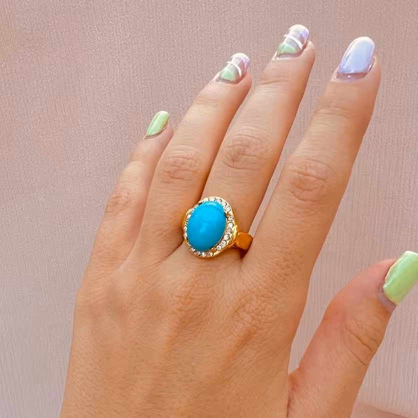 انگشتر طرح سنگ فیروزه مدل بیضی نگیمی استیل طلایی