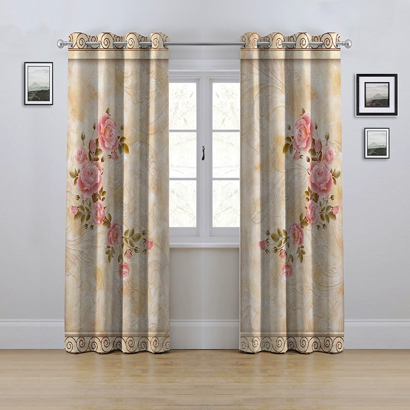 پرده پانچی مدل گل رز صورتی حاشیه کرم ابعاد ارتفاع280در عرض145