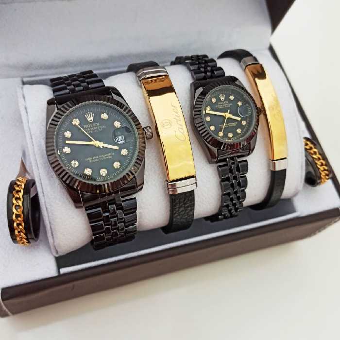 ست ساعت رولکس مشکی و حلقه و دستبند  مردانه و زنانه
