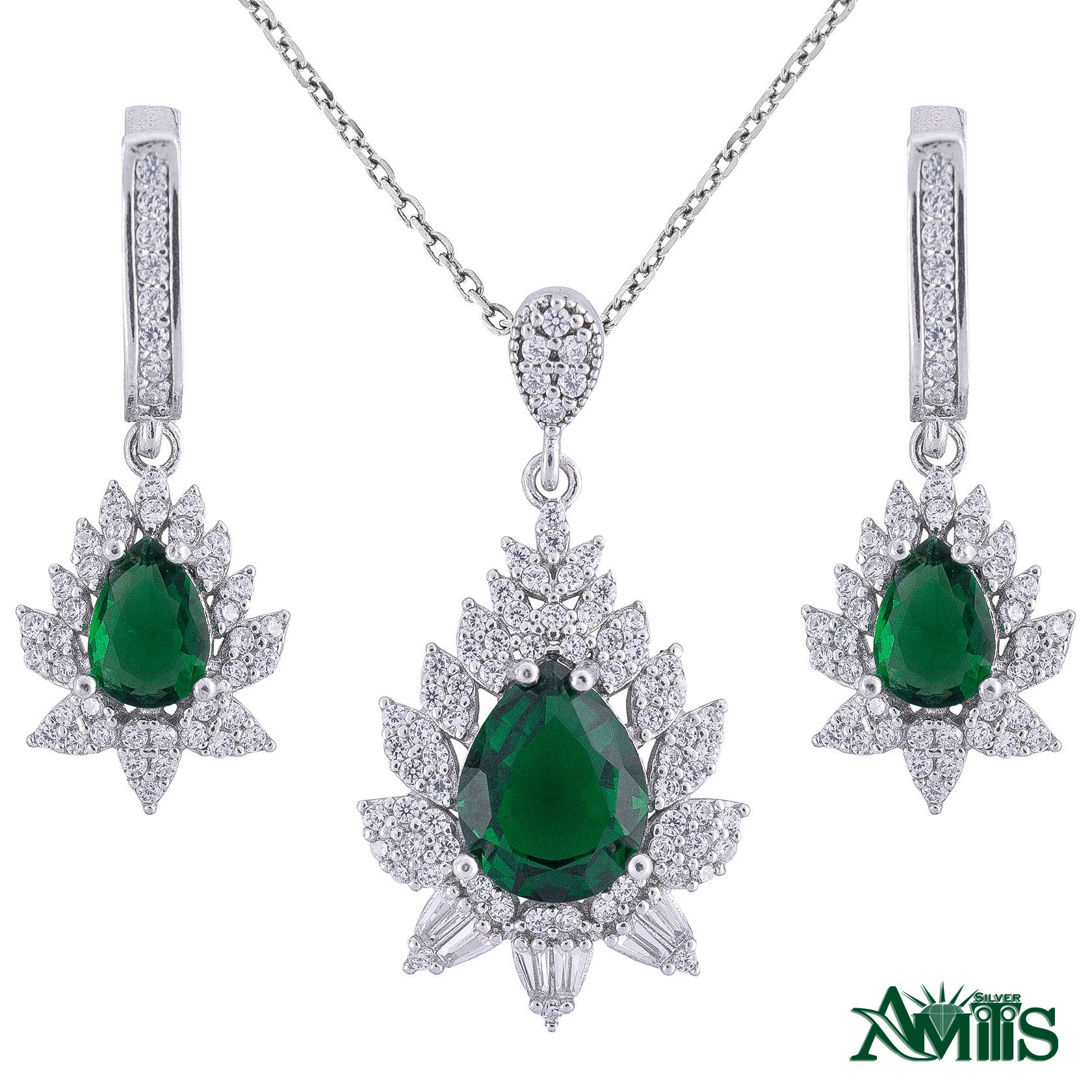 نیم ست نقره زنانه آمیتیس مدل زمرد AMT-N204