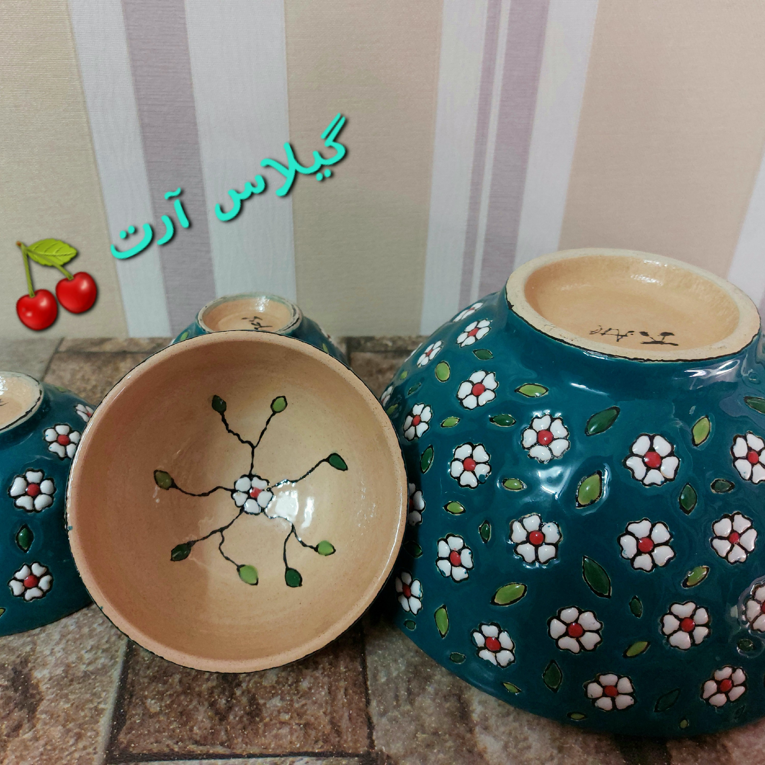 ست کاسه سالاد خوری سه نفره مینا کاری سفال