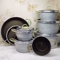 14پارچه هلنا دسته طلایی دیواره بلند ضخیم سایز 28و24و22و20و18و14تابه 28و18 درب پیرکس داخل زنبوری نچسب دسته و دستگیره نسوز