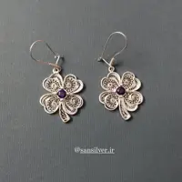 گوشواره آویزی ملیله نقره شبدر با نگین بنفش کوچک دستساز ظریف