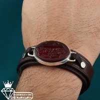 دستبندعقیق سرخ خطی نقش یامهدی چرم گاوی طبیعی قاب نقره دستساز 