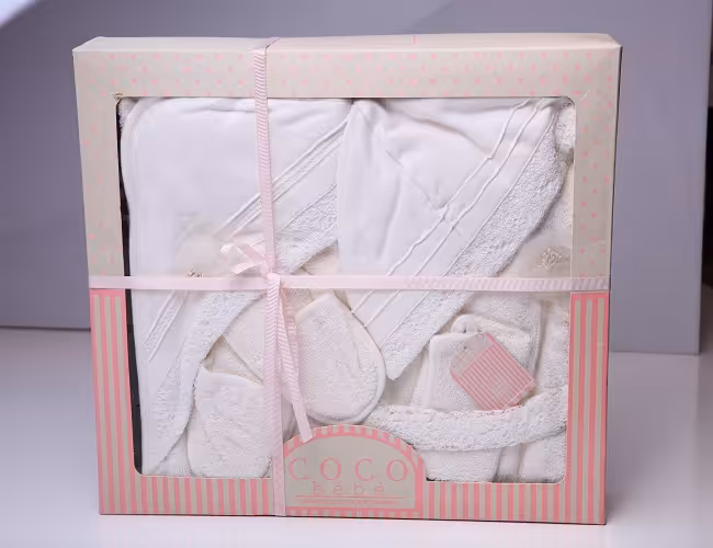 ست حوله بچه گانه چهار تکه کو کو ب ب اصل ترکیه سفید توزدوزی دخترانه  cocobebe  TURKEY 2022