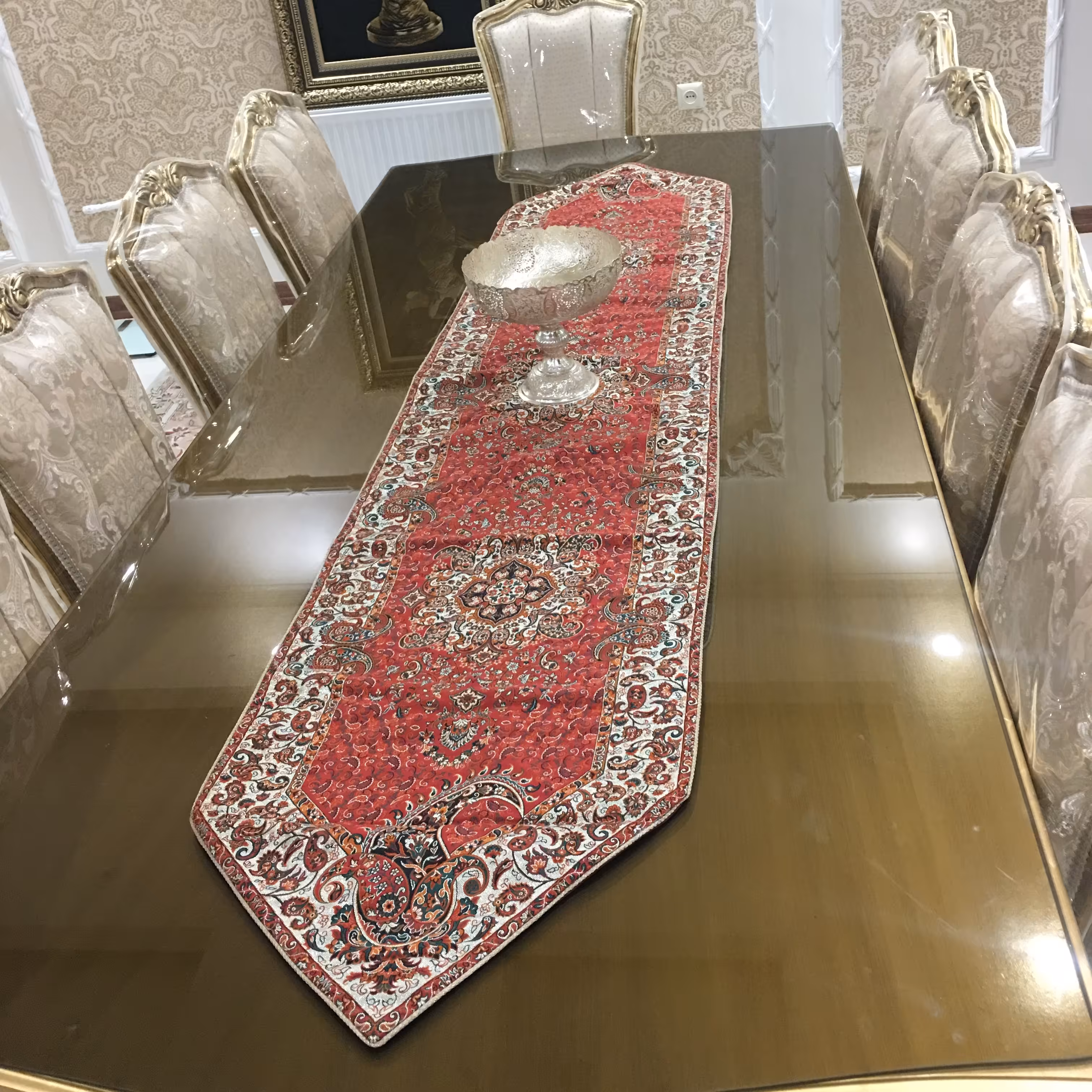 رومیزی رانر ترمه طرح یاس ابعاد 200x50(زمینه گلبهی)