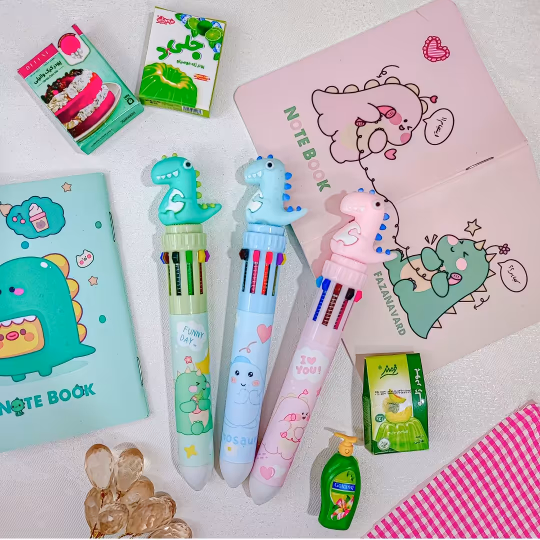 لوازم تحریر فانتزی. خودکار رنگی فانتزی ده رنگ طرح دایناسور فانتزی