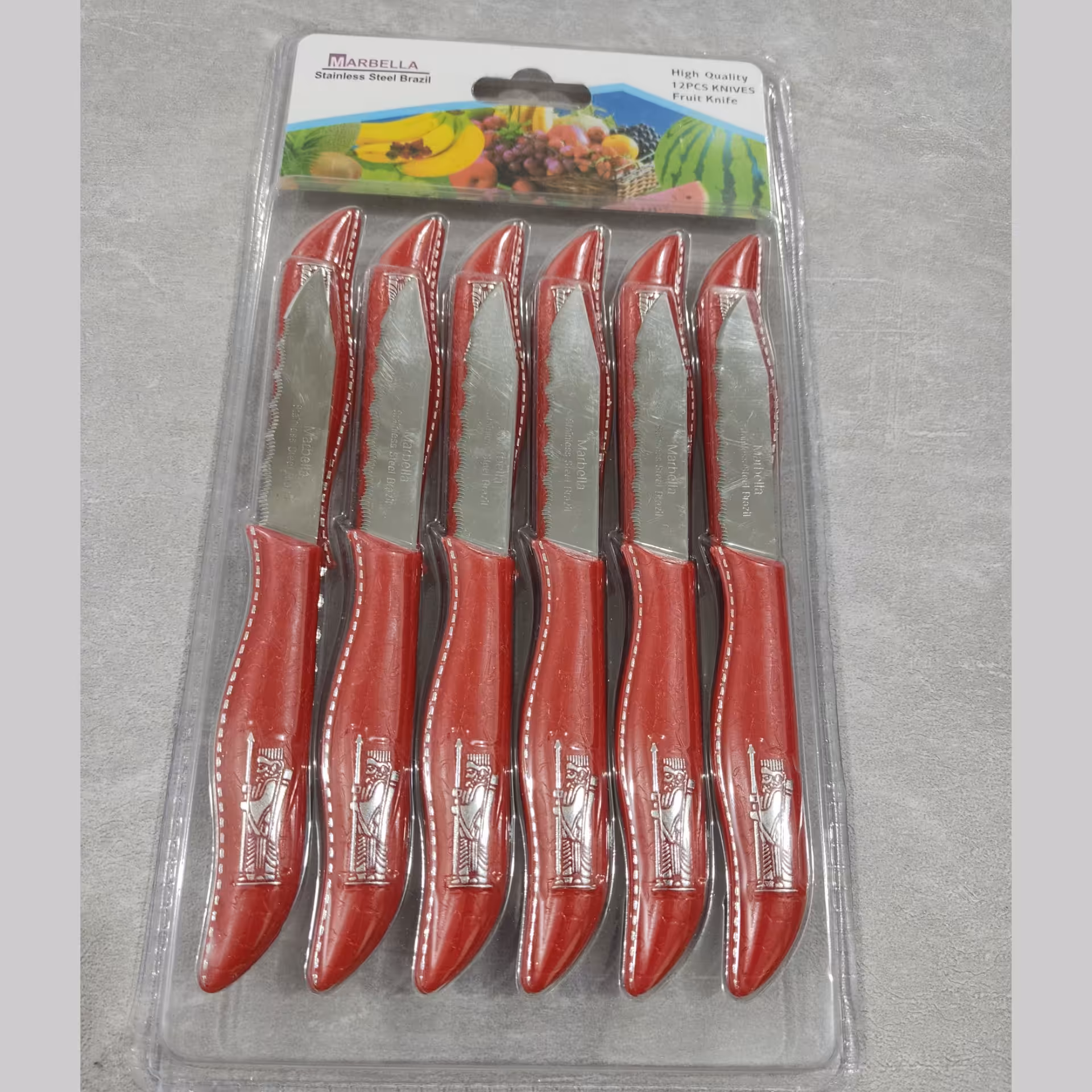 کارد میوه خوری 12 عددی مارک ماربلا طرح هخامنشی برجسته با تیغه استیل و دسته پلاستیک فشرده  برزیل (چاقو)و طول 16 سانت   