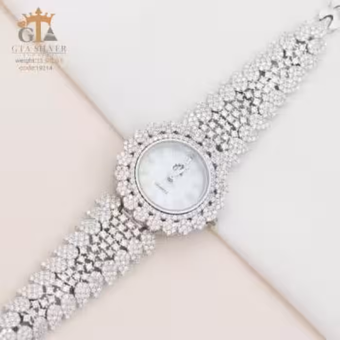 ساعت نقره زنانه نگین دار و پهن روکش طلا سفید کد 19214