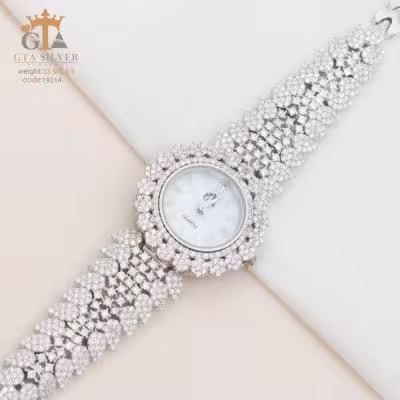 ساعت نقره زنانه نگین دار و پهن روکش طلا سفید کد 19214