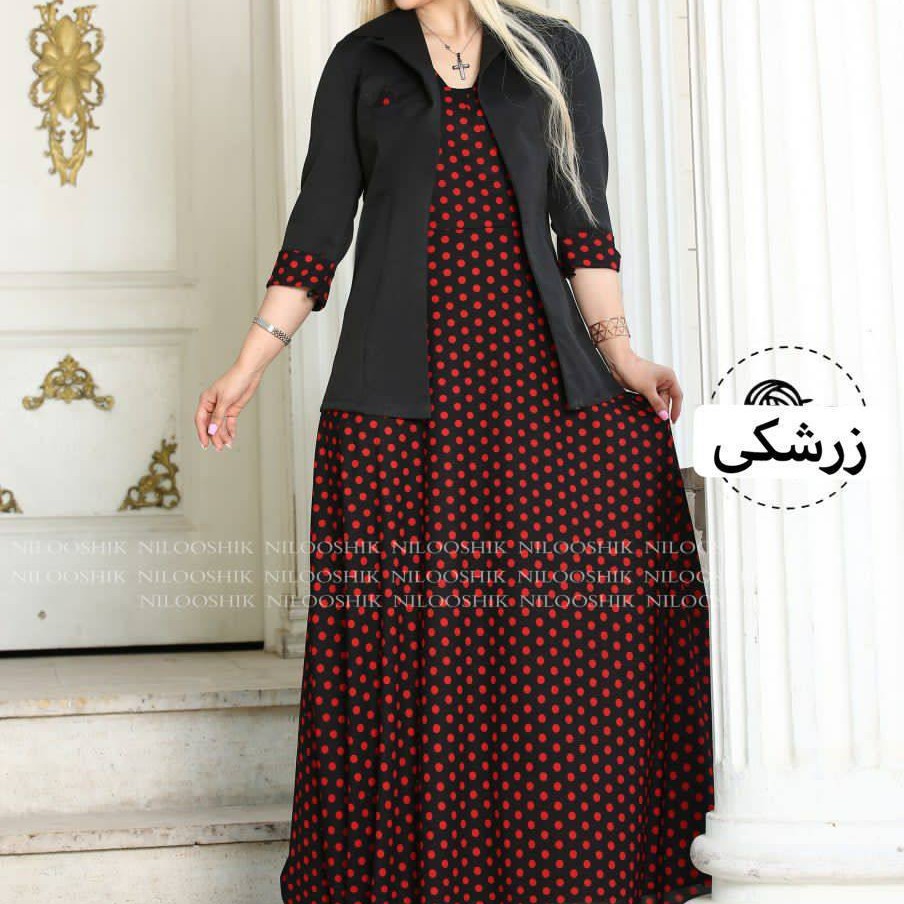 کت و سارافون زنانه دوتیکه خال خال جنس کرپ کش رنگ بندی زرشکی مشکی سایز ها فری