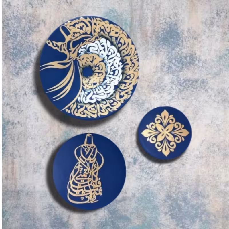 ست دیوارکوب سفال کالیگرافی طرح مولانا سنتی تابلو هنری صنایع دستی ایرانی