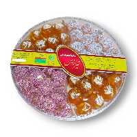 حلوا مسقطی زعفرانی 700 گرمی توپی سه طعم با جعبه کریستال کادویی 