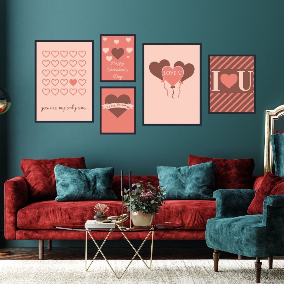 تابلو دکوراتیو فانتزی قلب قرمز وصورتی پنج تکه