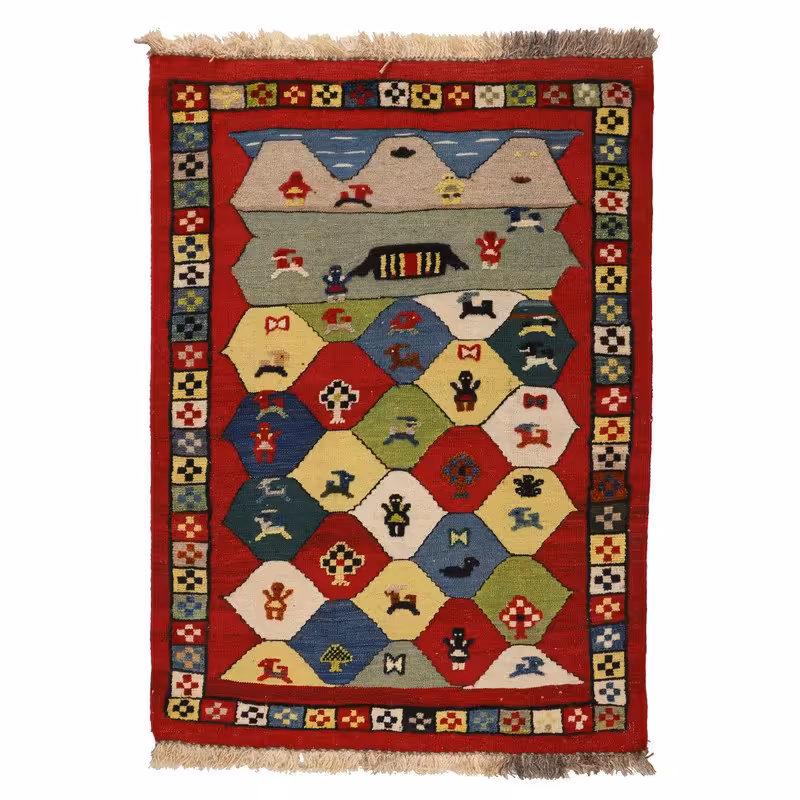 گلیم گبه دستبافت یک و نیم متری مدل عشایری کد 140359