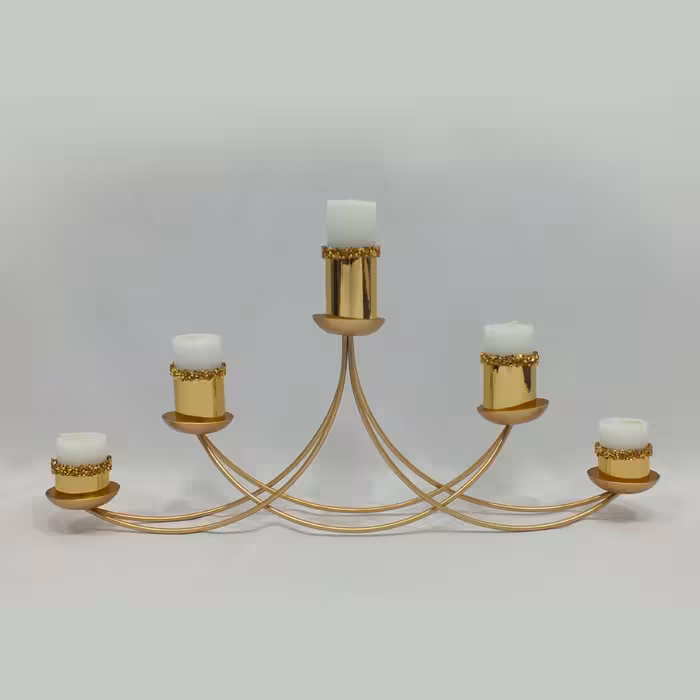 شمعدان و جا شمعی 5 شعله با شمع نگین دار طلایی - جاشمعی - شمع دان