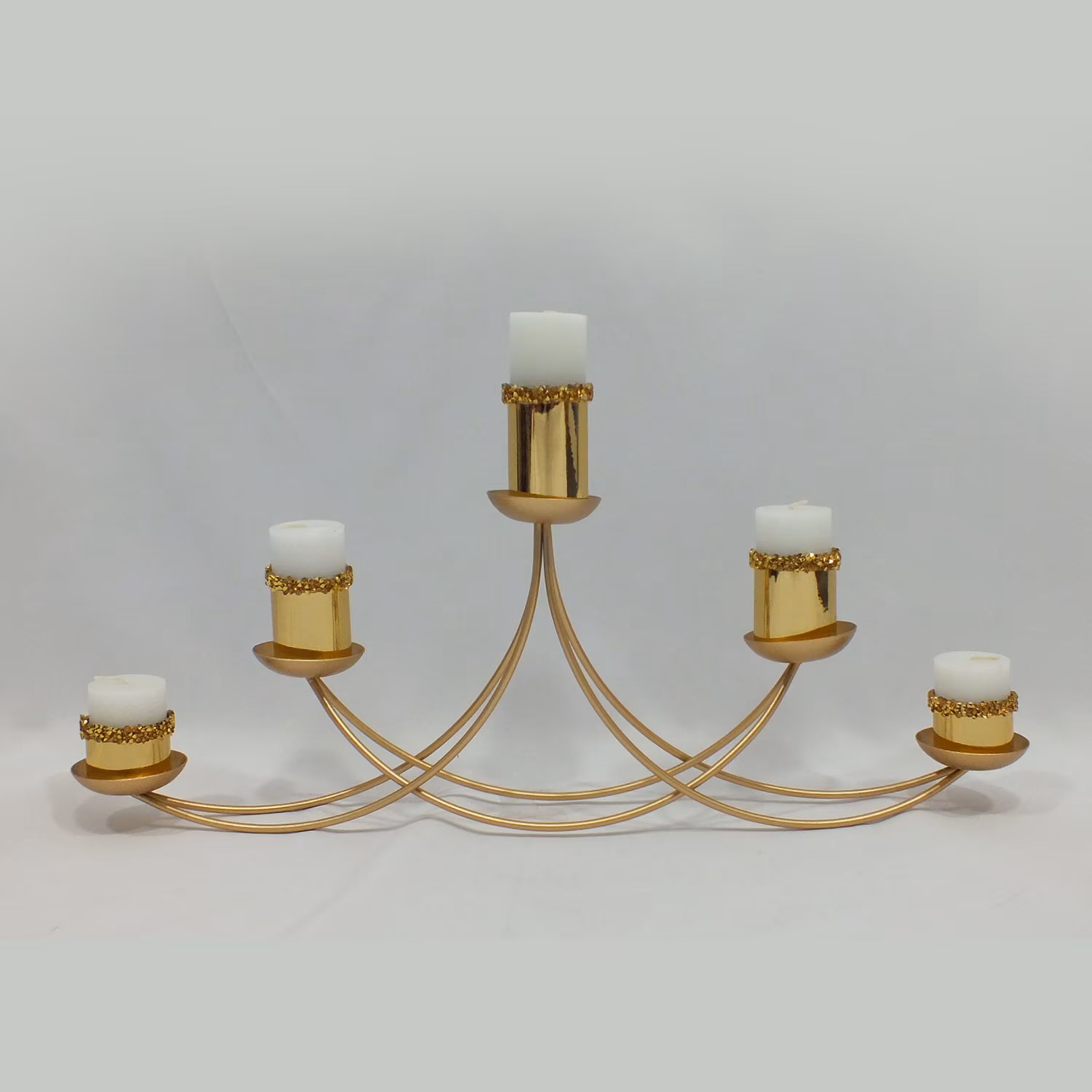 شمعدان و جا شمعی 5 شعله با شمع نگین دار طلایی - جاشمعی - شمع دان