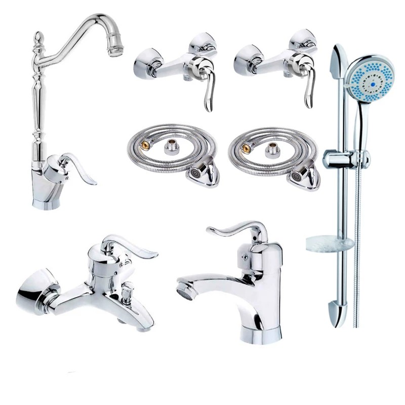 مجموعه 8عددی شیرآلات قاجاری کروم با علم دوش سه حالته 