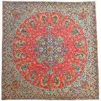 رومیزی مربع ترمه ابریشم کد TRM154 نفیس رنگ قرمز مات آستر زرشکی مغزی دوزی 