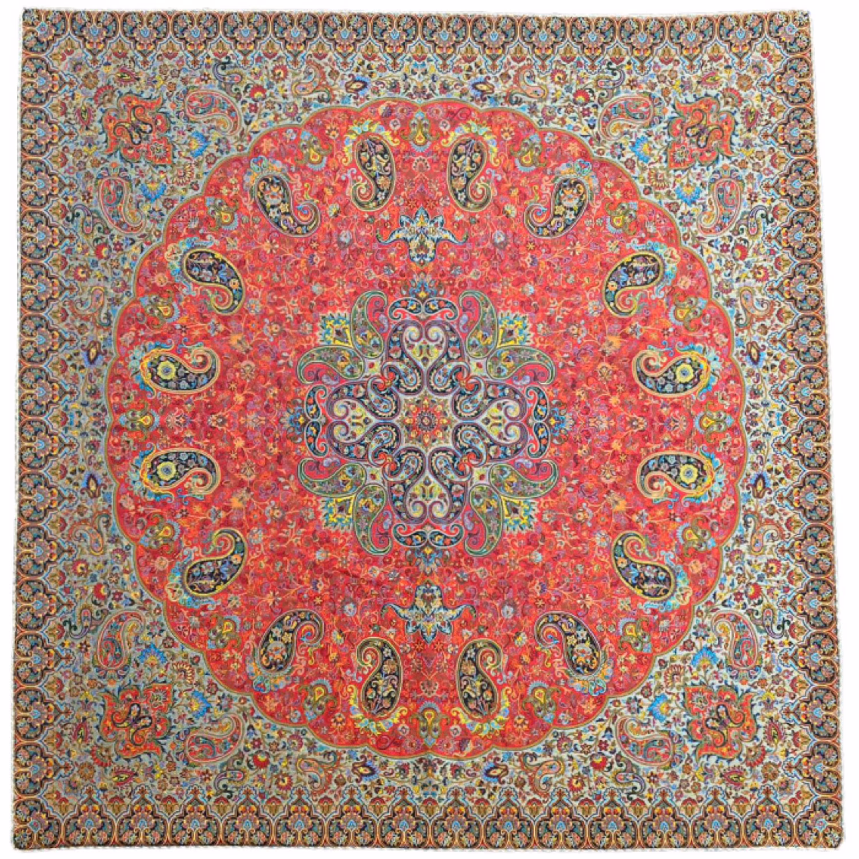 رومیزی مربع ترمه ابریشم کد TRM154 نفیس رنگ قرمز مات آستر زرشکی مغزی دوزی 