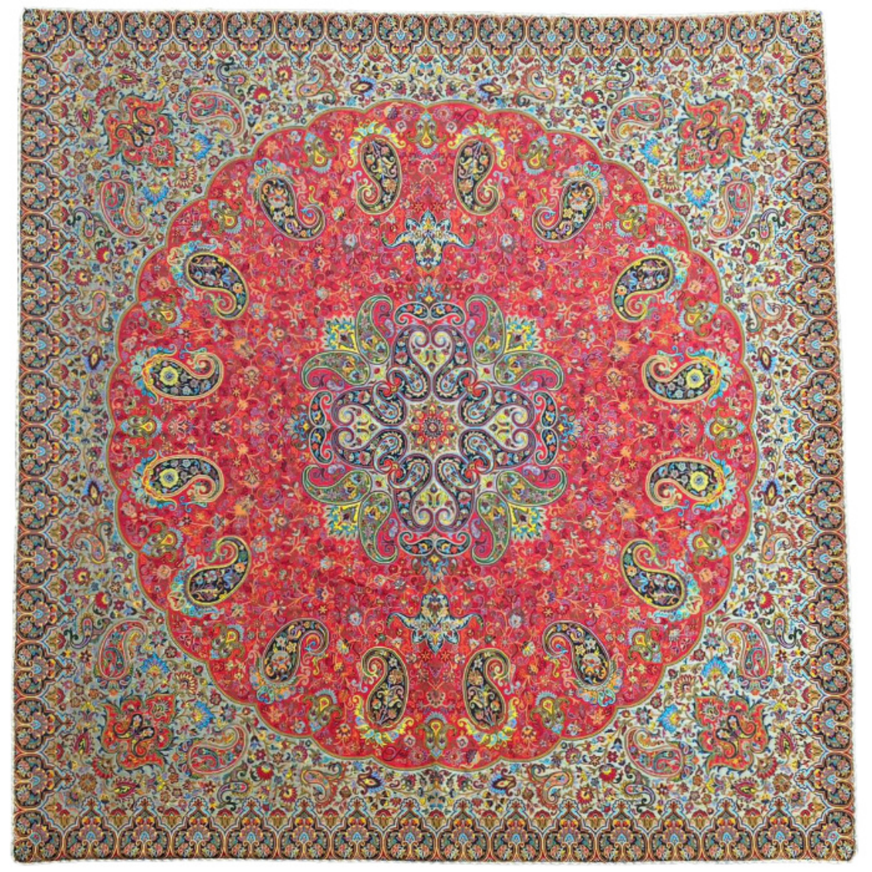 رومیزی مربع ترمه ابریشم کد TRM154 نفیس رنگ قرمز مات آستر زرشکی مغزی دوزی 