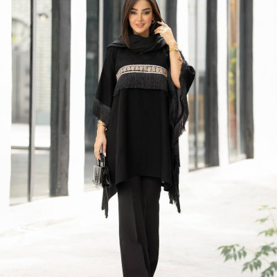 پانچو زنانه شانتون مدل ریش دار نوار هندی - کد 353
