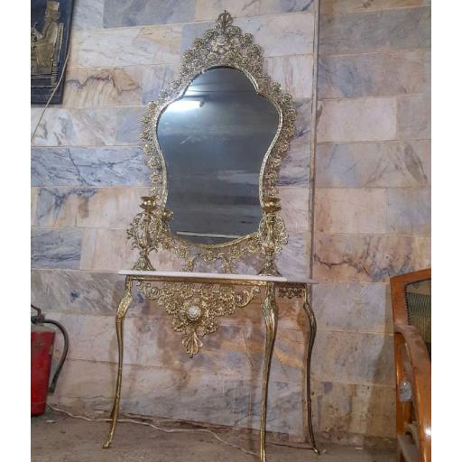 آینه کنسول محرابی برنزی گل رز با شمعدان