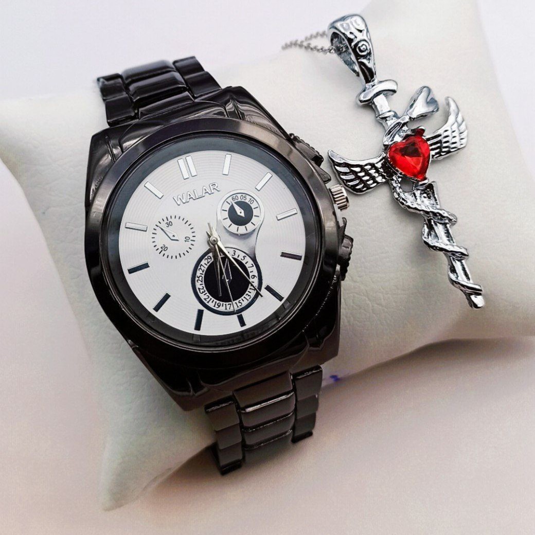ست ساعت و گردنبند مشکی مارک والار مردانه