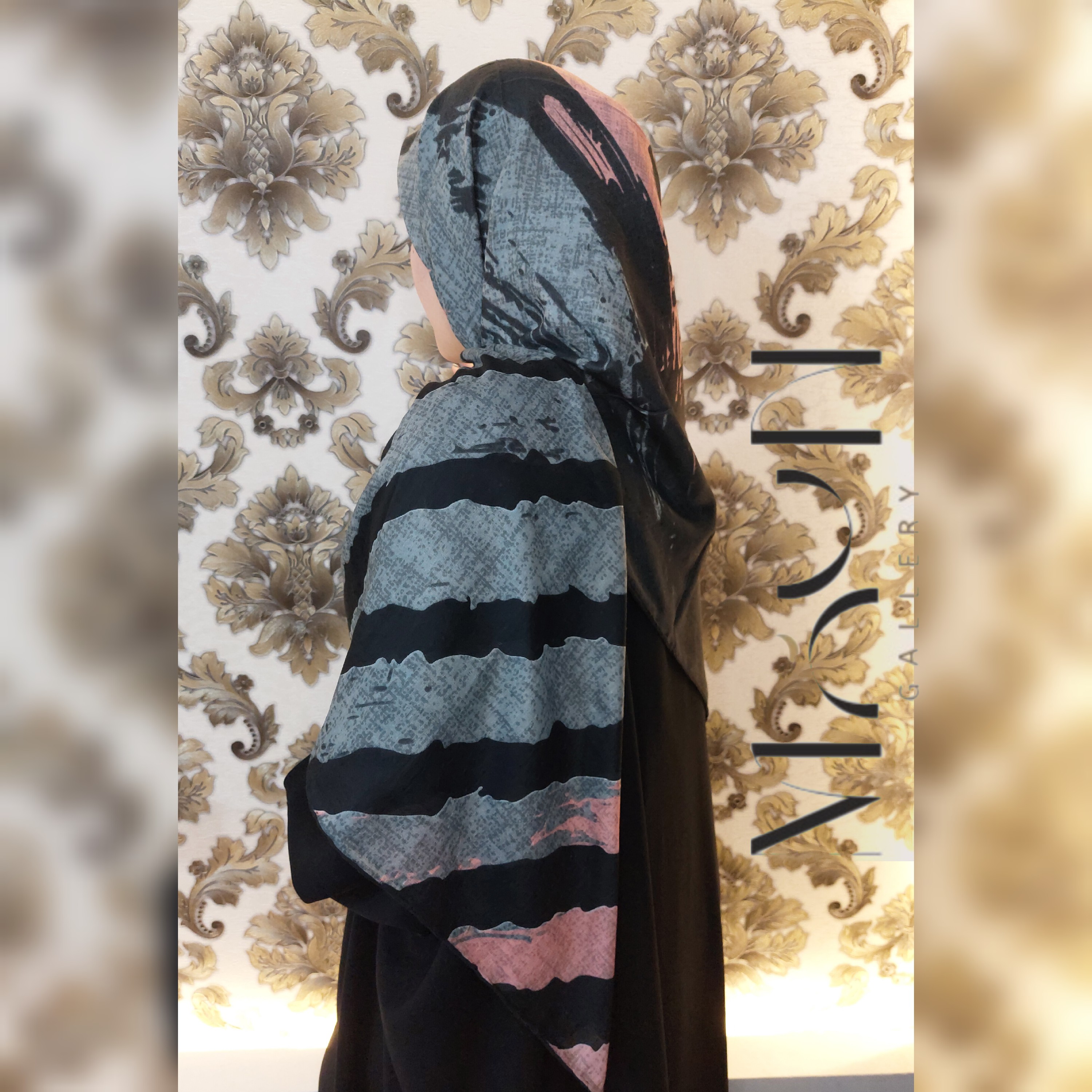 روسری نخی دو طرفه قواره بزرگ روسری مشکی طوسی صورتی راه راه خردلی شال مشکی ساده