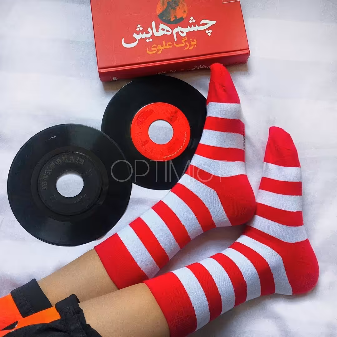 جوراب راه راه قرمز سفید ساقدار نخ پنبه فری سایز