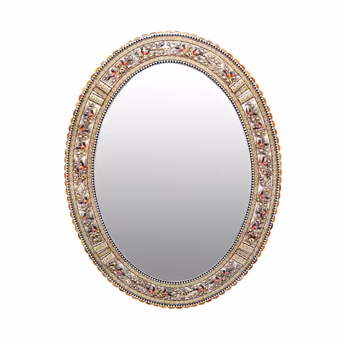 قاب آینه بیضی لبه دالبری مدل گل و مرغ قهوه ایی برجسته خاتم کاری(سایز سوپر)(گارانتی 120 ماهه)