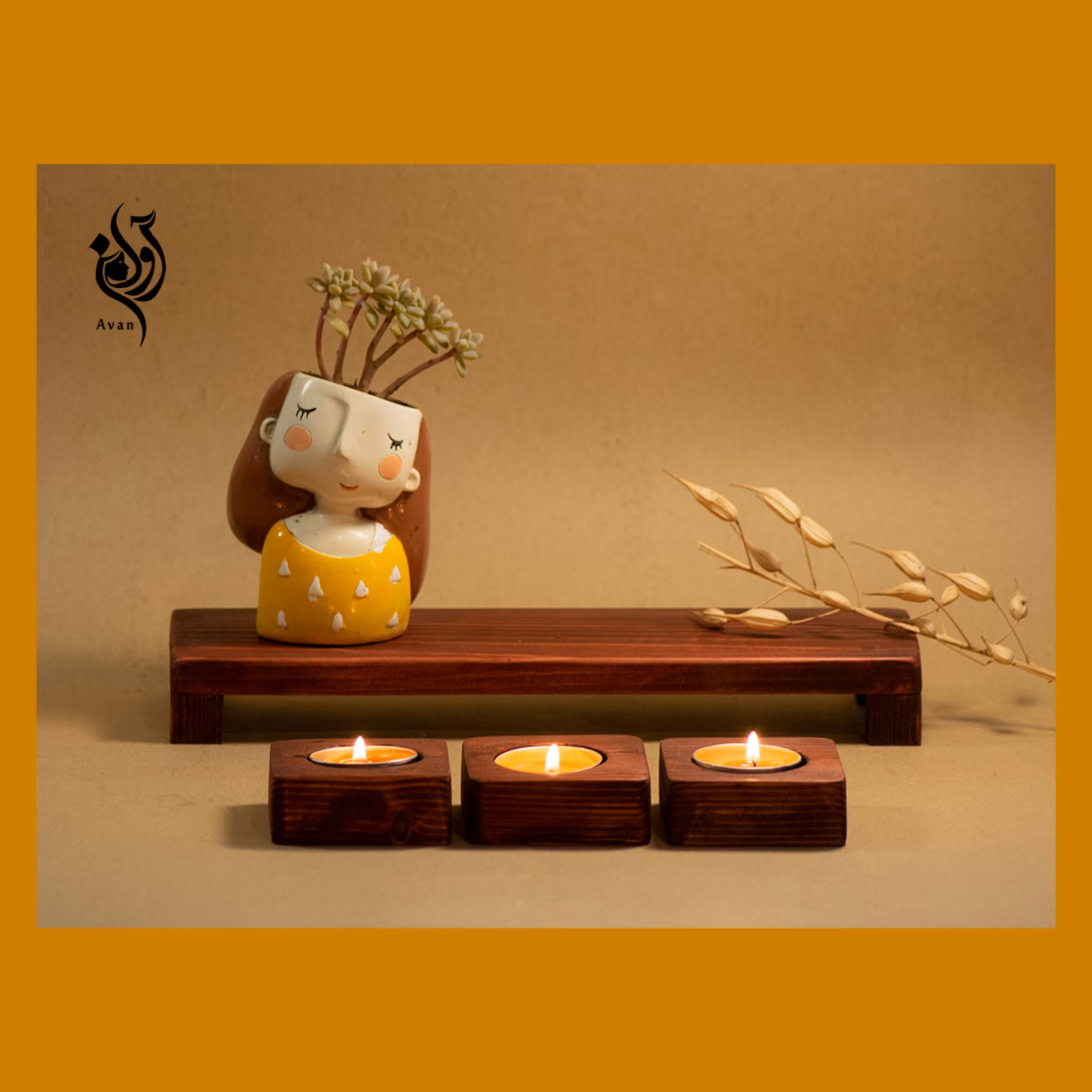 جاشمعی چوبی دستساز قهوه ای با پایه جدا همراه  سه عدد شمع وارمر