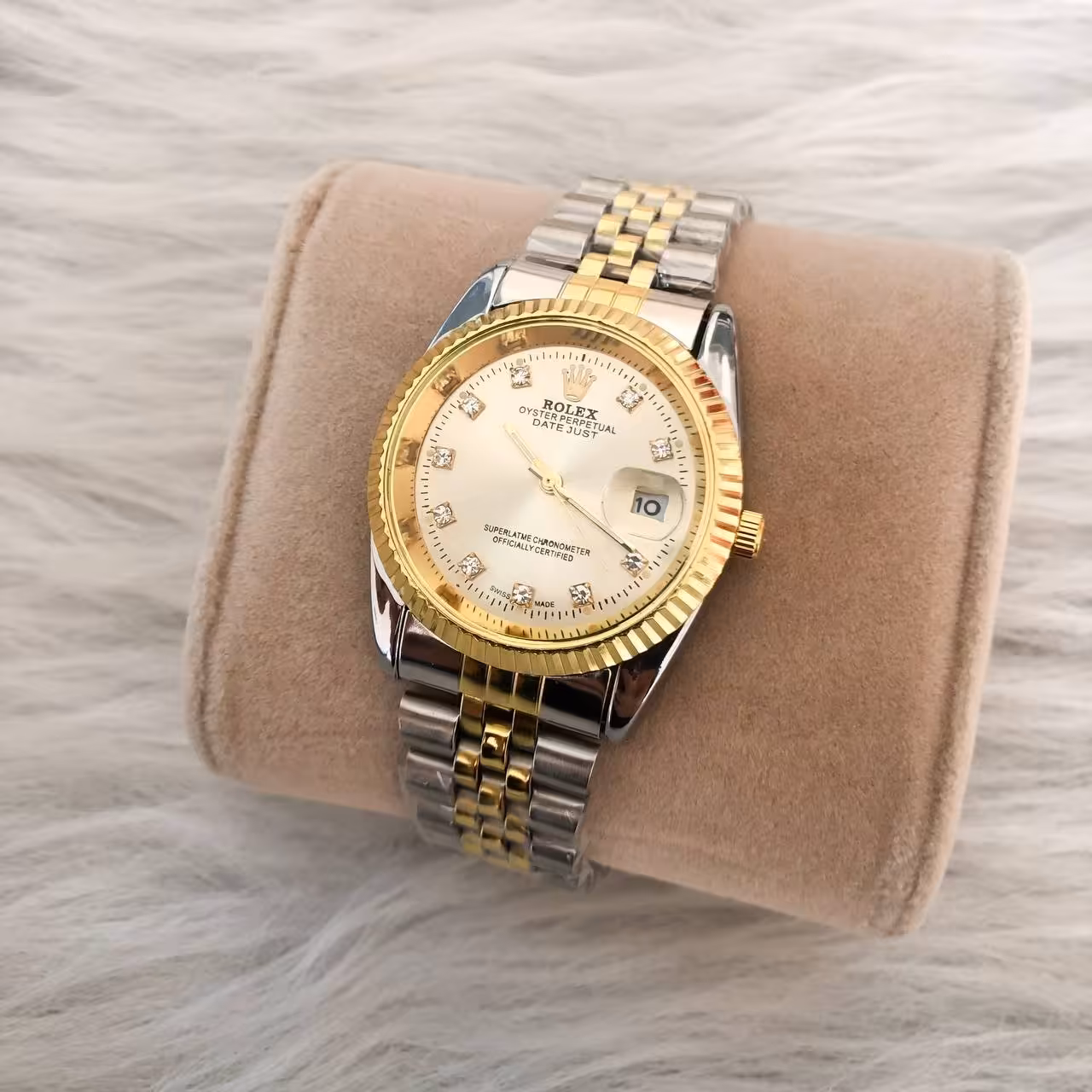 ساعت مردانه رولکس بند دو رنگ صفحه طلایی 