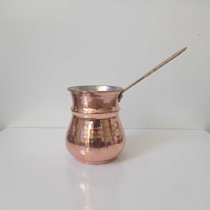 شیرجوش یا قهوه جوش مسی شکمی دسته برنجی سایز بزرگ