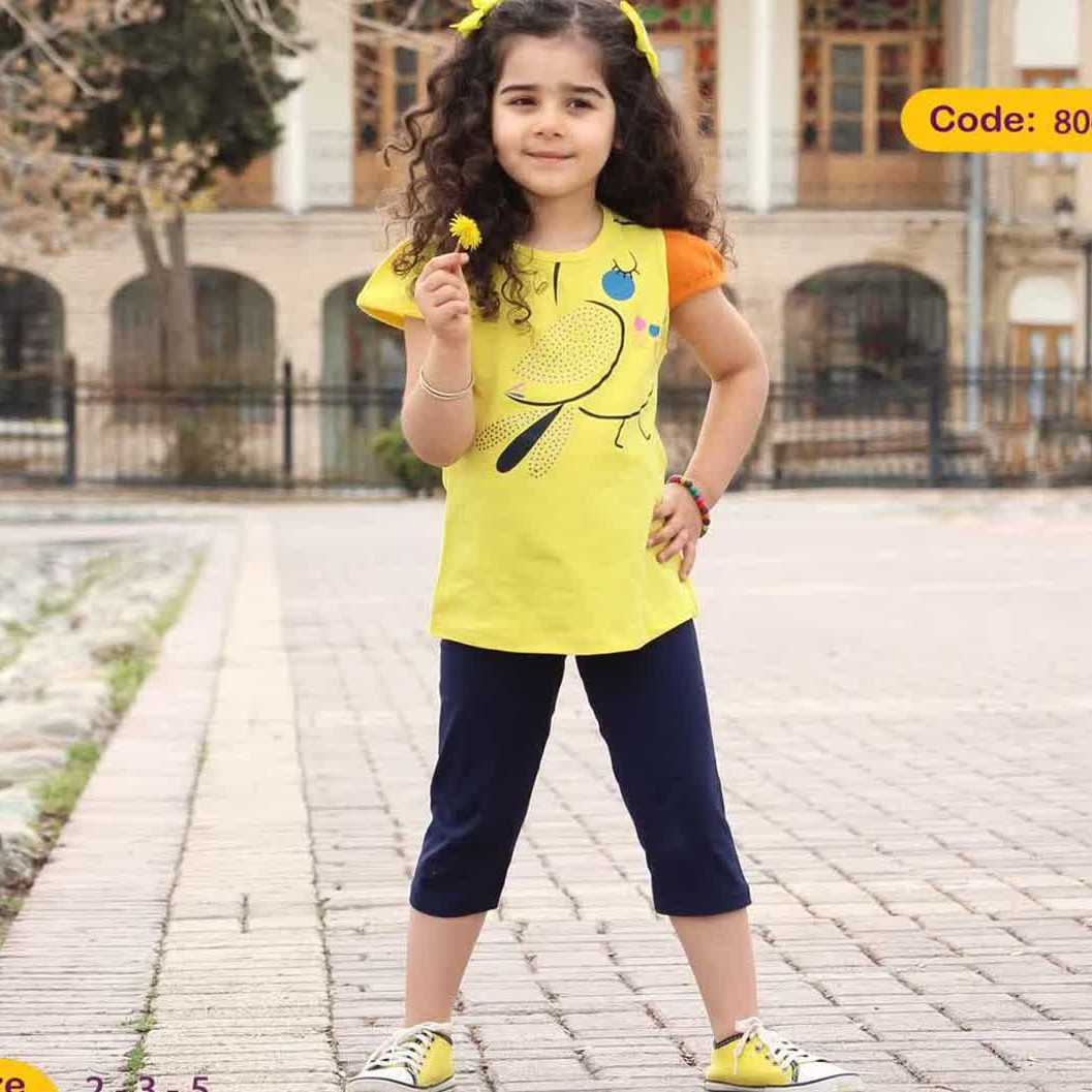 تیشرت شلوارک دخترانه زرد سایز 40