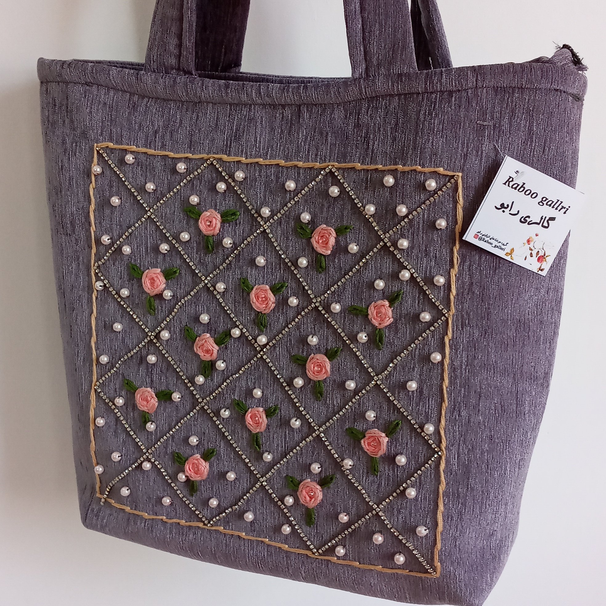 کیف مخمل  زنانه ، مدل ساک دستی ، گلدوزی و سنگ دوزی شده