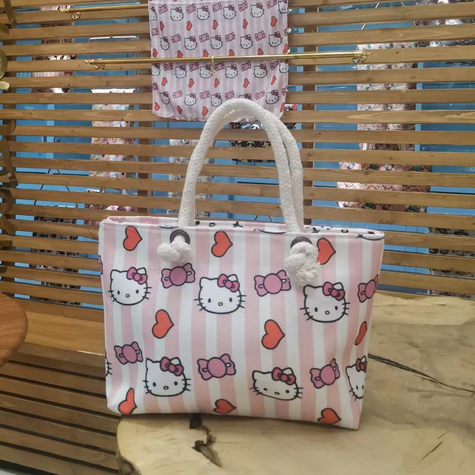 ست کیف و شال فانتزی عروسکی بچه گانه جنس هازان سبک و قابل شسته شو کیتی راه راه صورتی