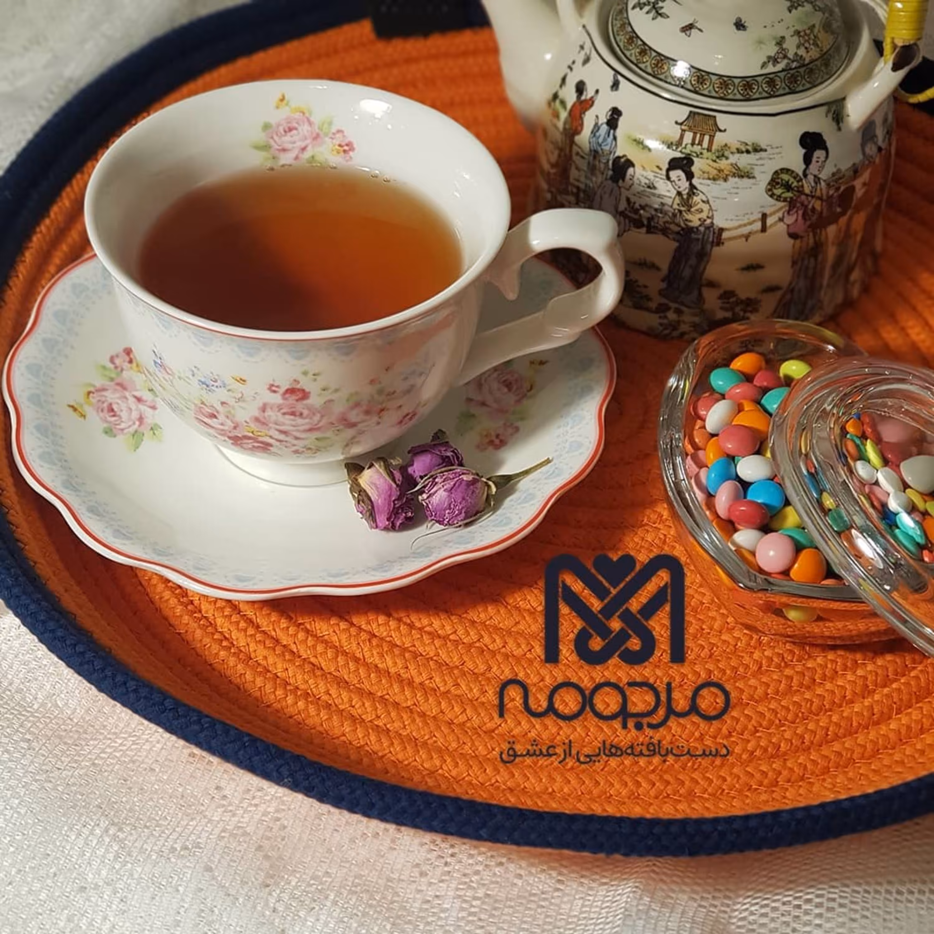 سینی گرد قیطان نارنجی سرمه ای 
