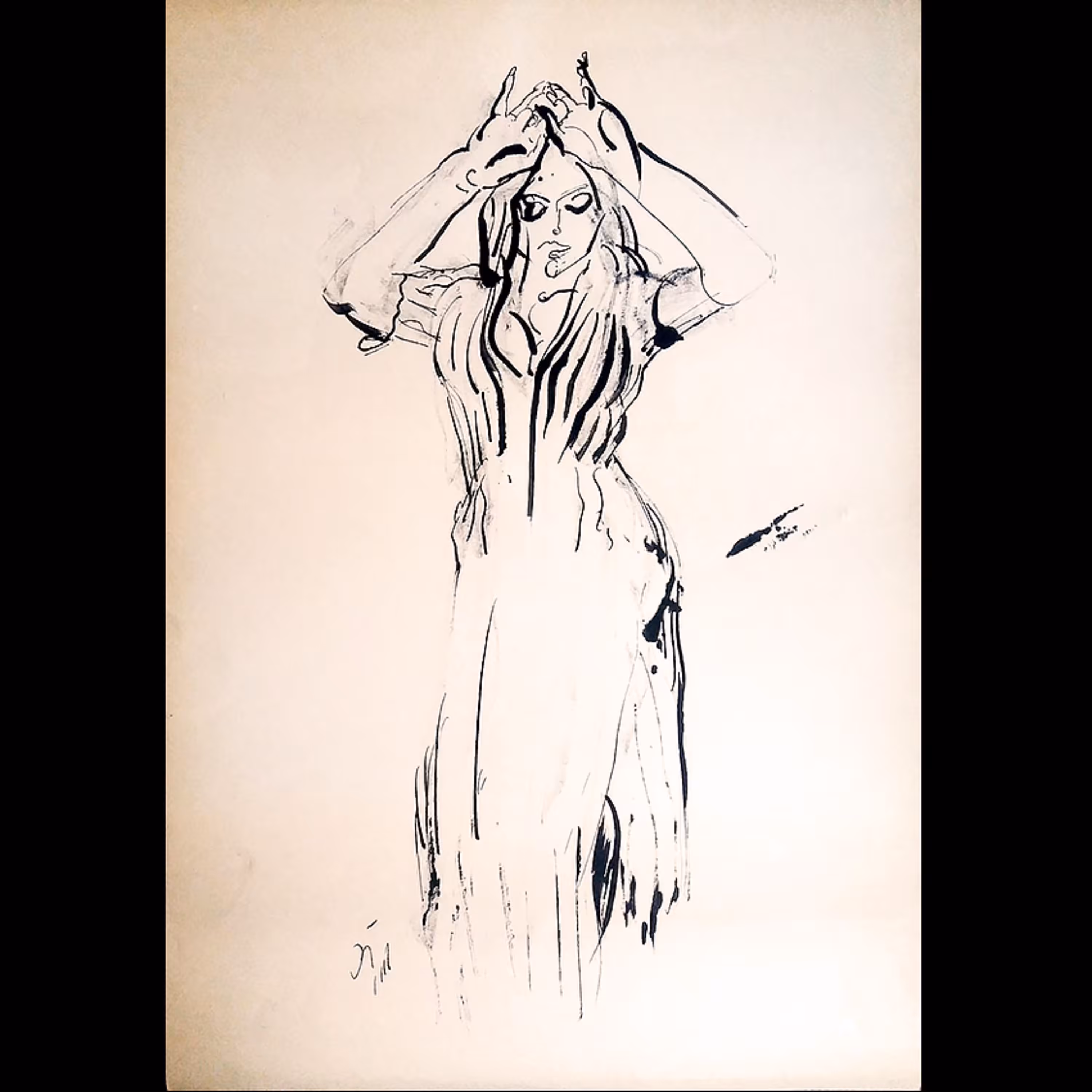 تابلو زن رقصنده قلم فلزی و گواش روی کاغذ در ابعاد 30 در 42 سانتی متر