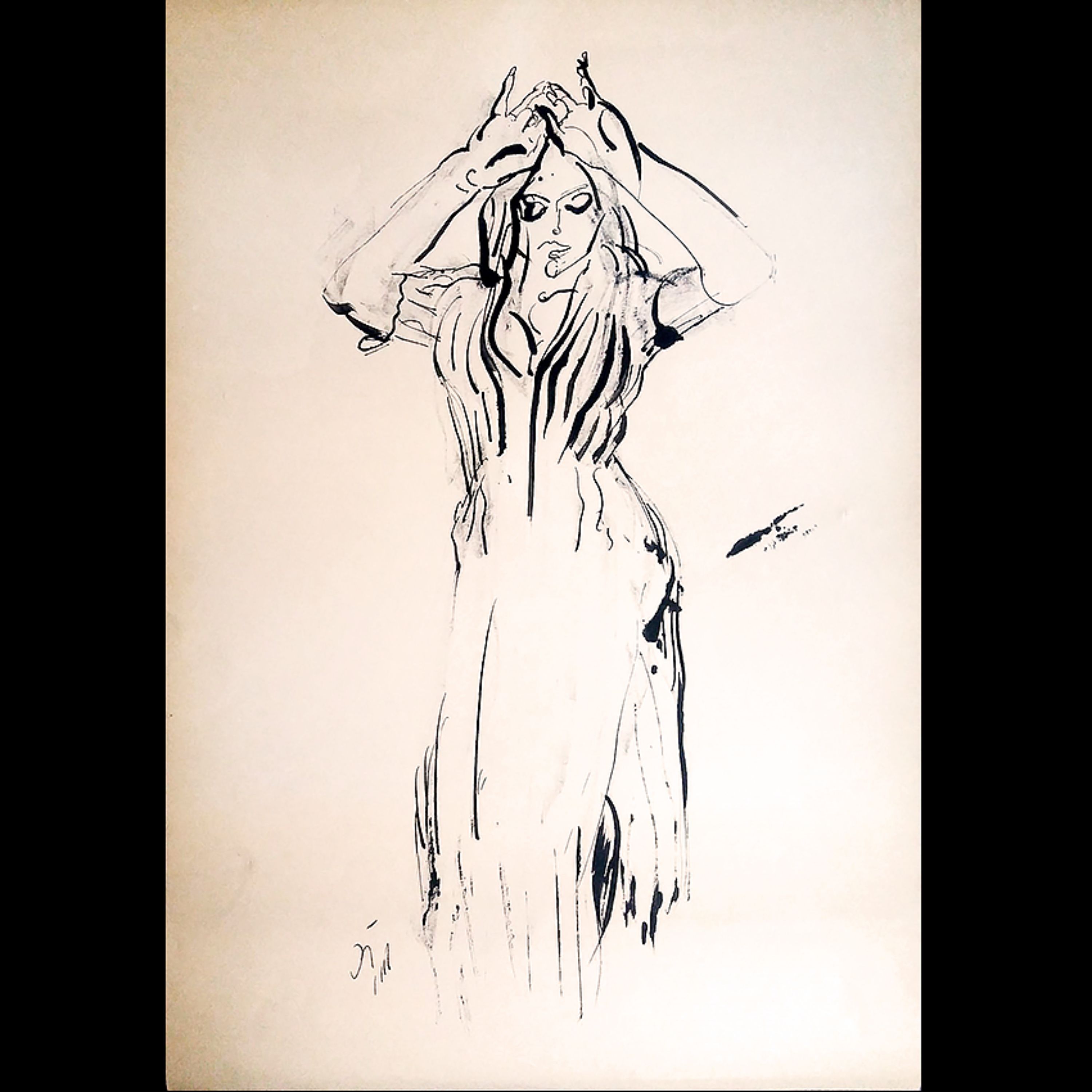 تابلو زن رقصنده قلم فلزی و گواش روی کاغذ در ابعاد 30 در 42 سانتی متر