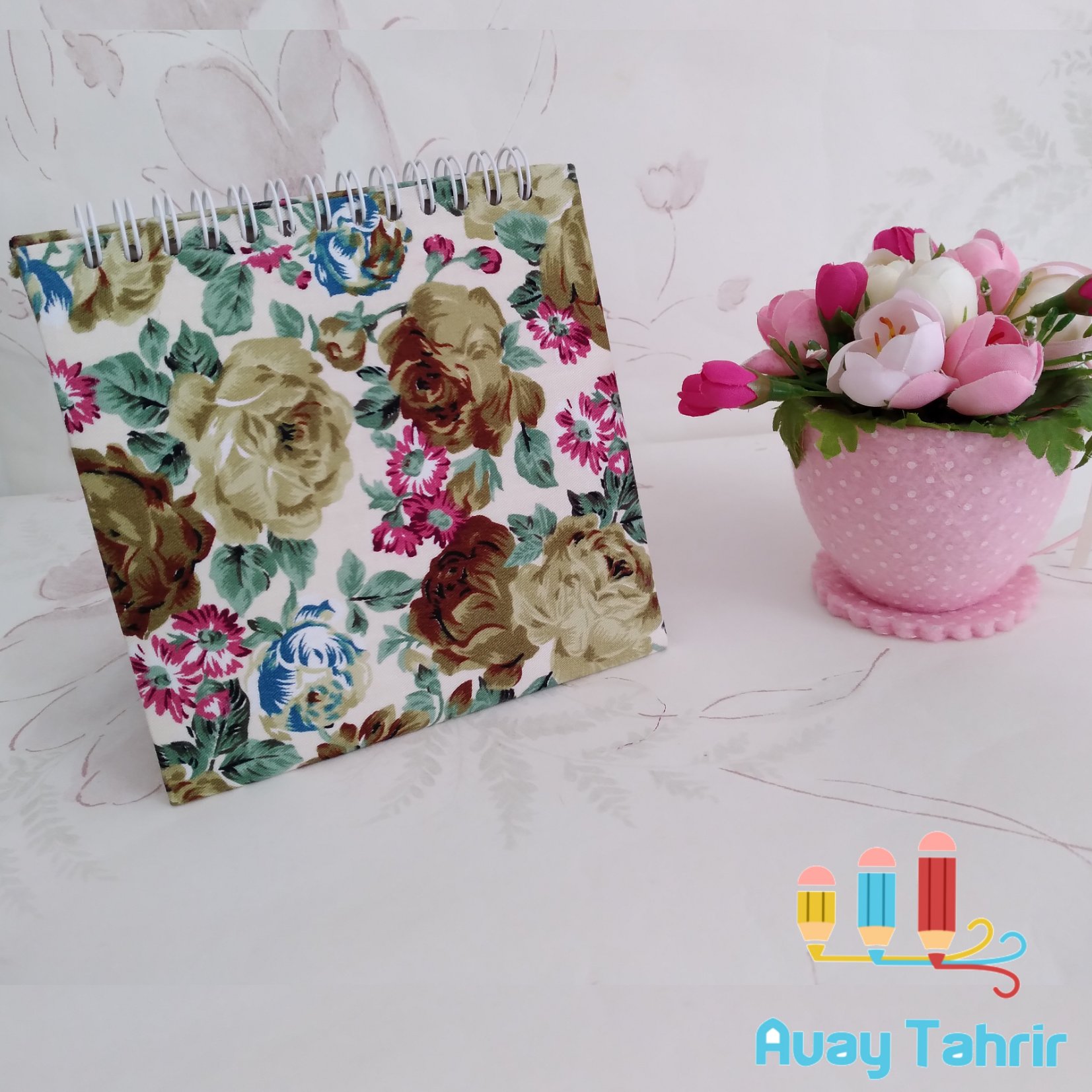 دفترچه یادداشت فنر ازبالا پارچه ای گل دار