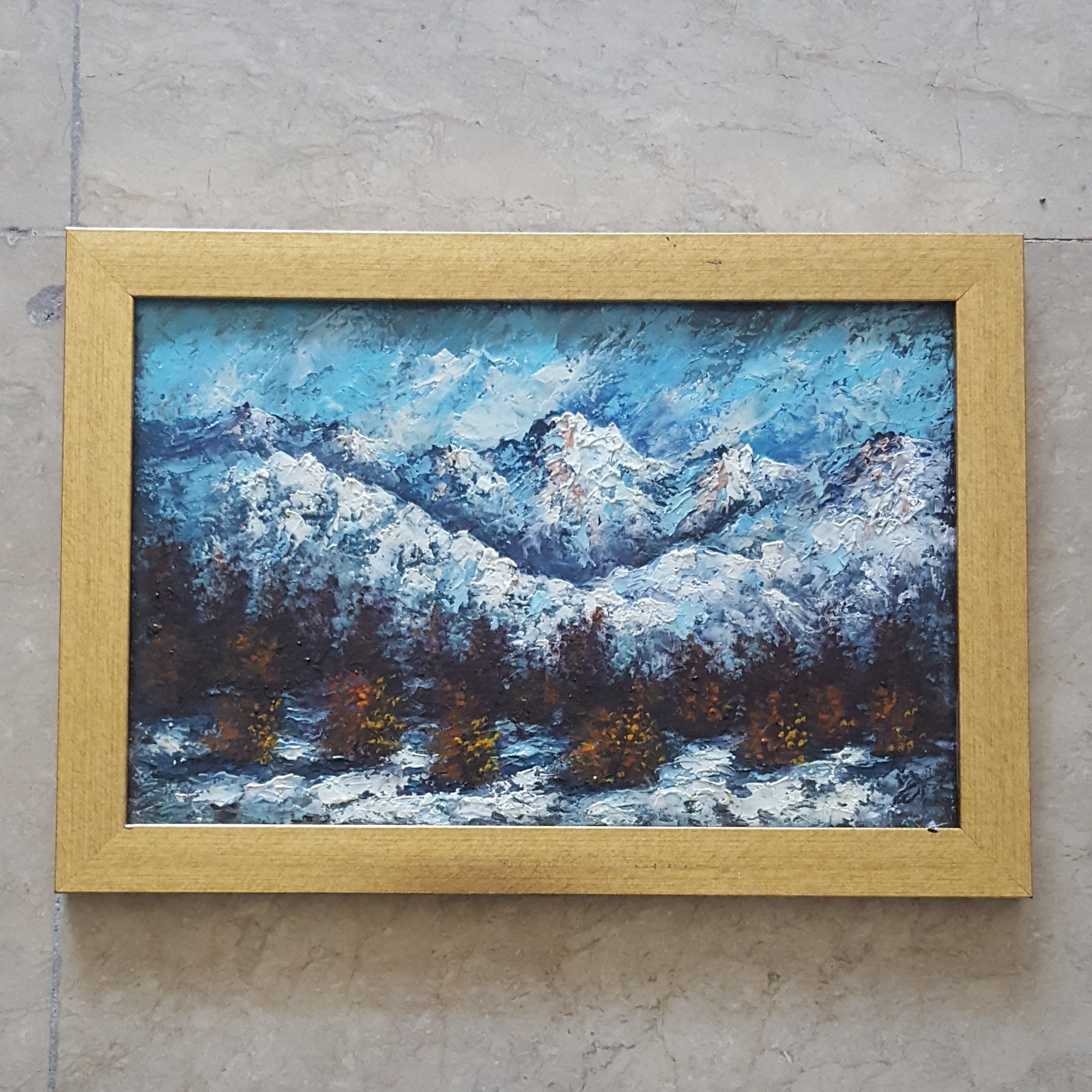 نقاشی کاردکی رنگ روغن 36در 23 منظره کوهستانی روی تخته سه لا قابل شستشو