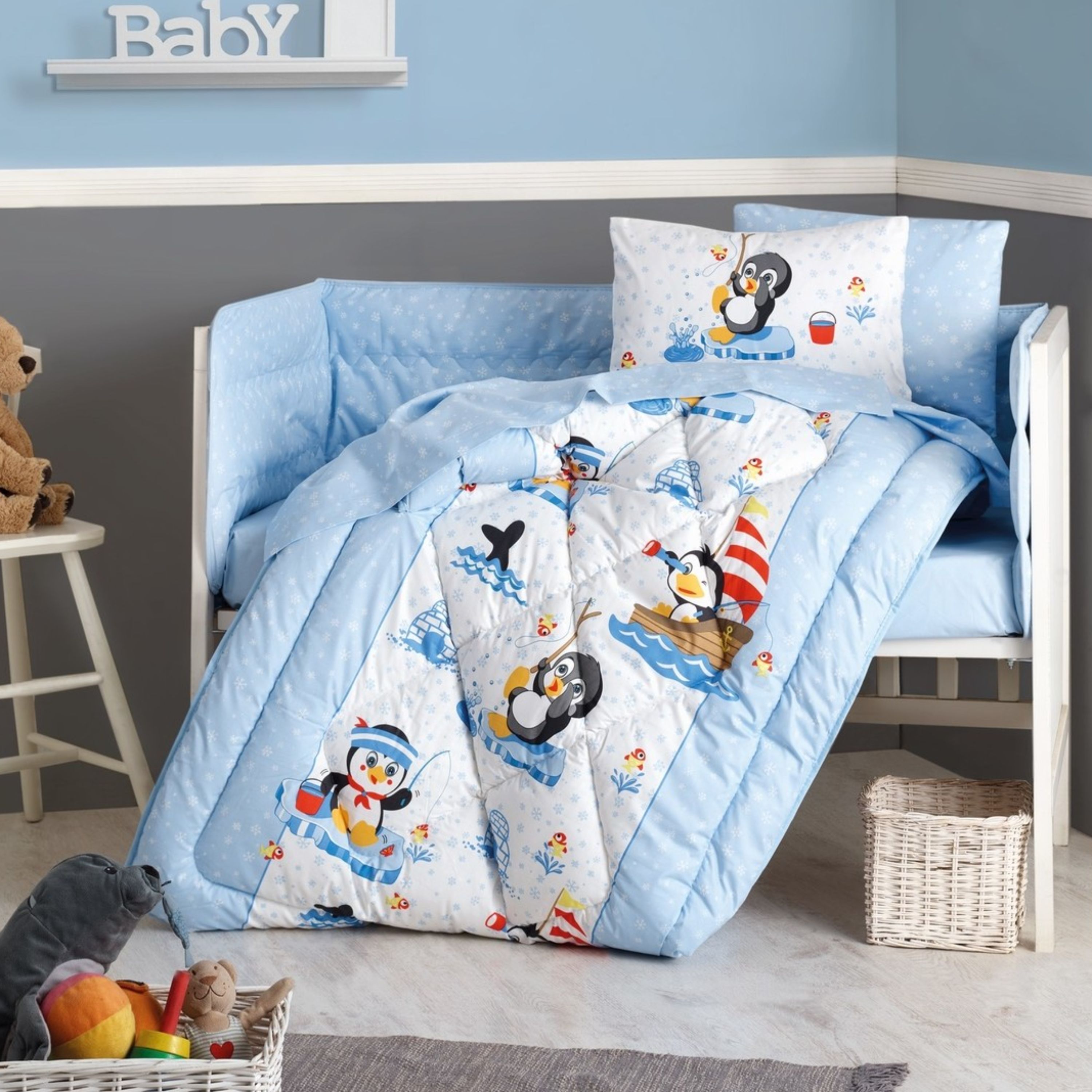 ست لحاف نوزادی کاتن باکس مدل Baby Penguein Mavi شش تکه